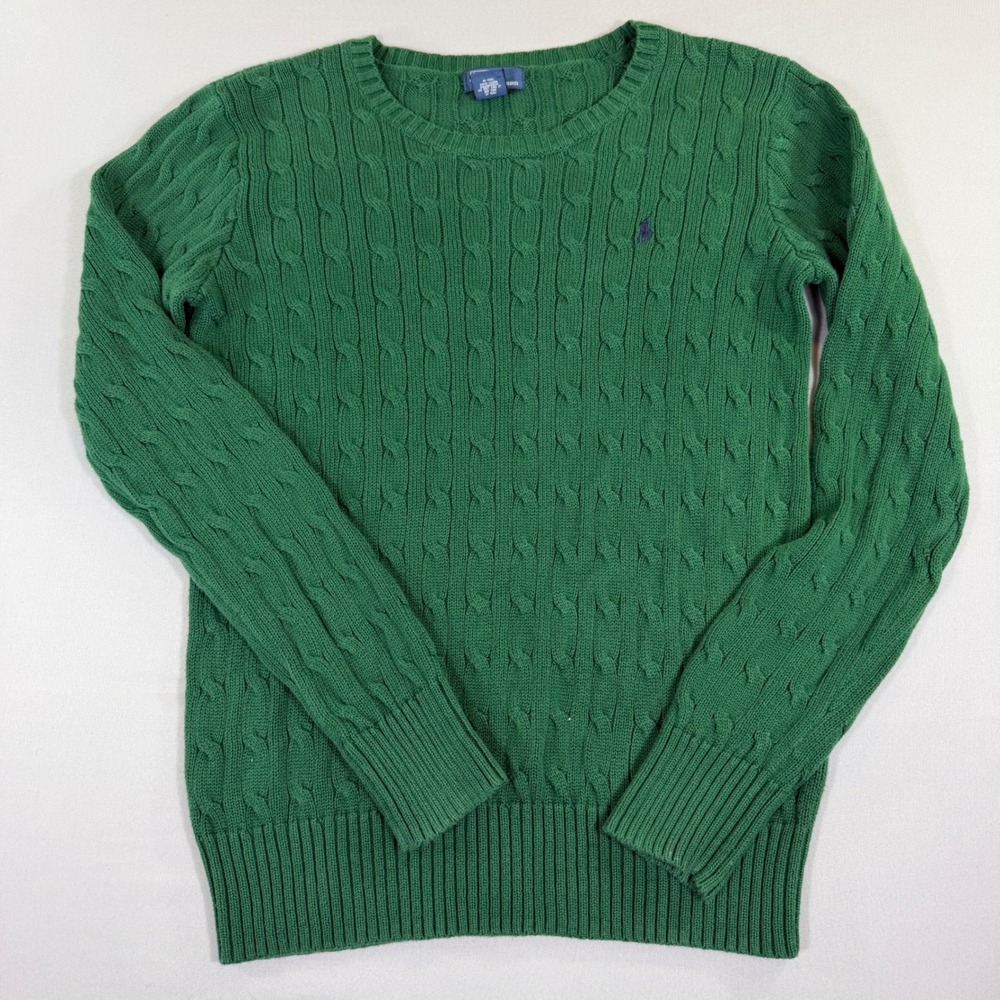 Polo Ralph Lauren Green Cable Knit Cotton Sweater Crew Neck XL 18-20 Womens M